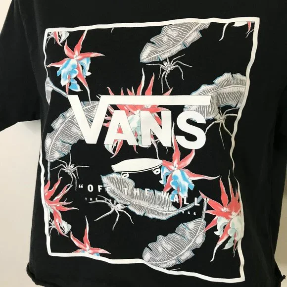 Vans Off the Wall Black Crop T-shirt SMALL S Spider Skateboard Crewneck - Picture 2 of 8